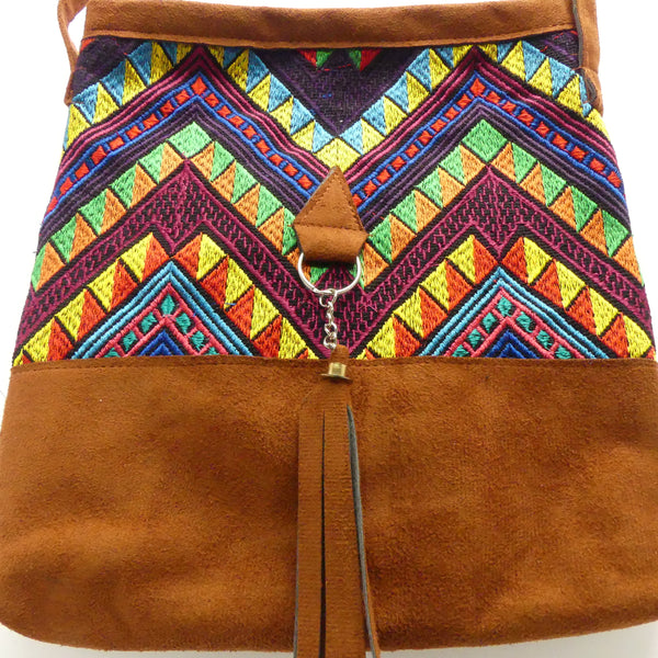 Cross-body Bag, Medium Faux Leather with Volcano Theme Embroidery, 10x11 inches