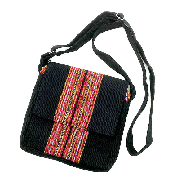 Cross-Body Small Messenger Bag, Black with Stripe, 7.5 x 7 inches