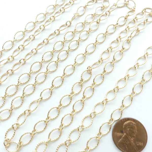 Chain, Gold Plated, Textured Oval Cable 10x6mm Links, Sold by the Food