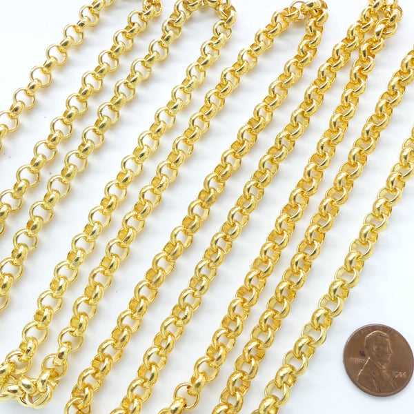 Chain, Gold Plated Rollo Style with 1/2 Round 7mm Links, Sold by the Foot
