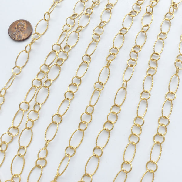Chain, Gold Plated, Oval & Round Cable Chain with Textured Links, 15x8mm, Sold by the foot