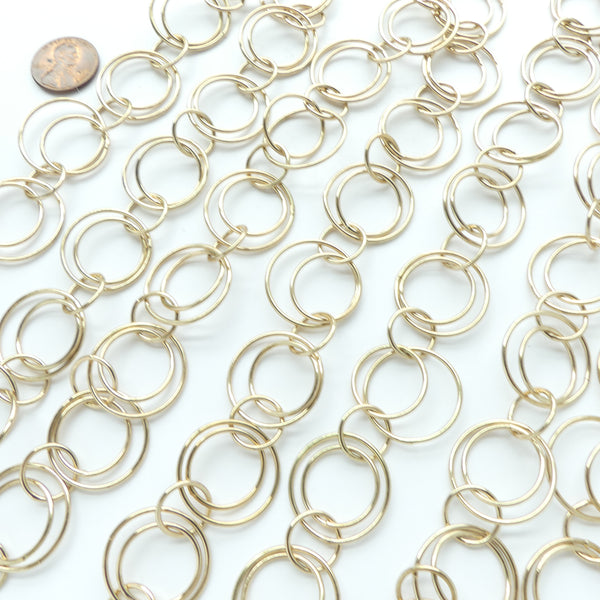 Chain, Gold Plated, Floating Double Link Round, Largest 22mm Diameter, Sold by the Foot