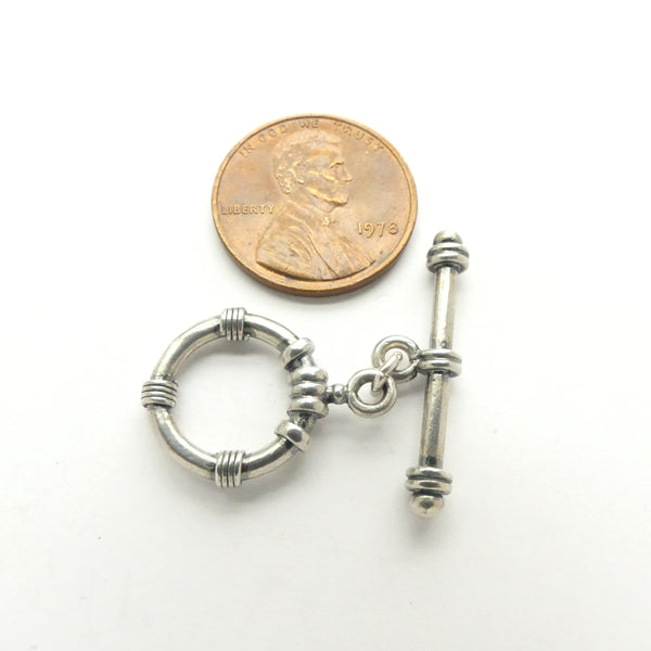 Clasp, Sterling Silver Toggle, Medium Banded and Antiqued, Ring 12mm Diameter