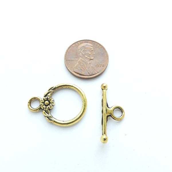 Clasp, Gold Tone, Toggle with Flower Detail, 17mm Ring, Set of 1 Bar & 1 Ring