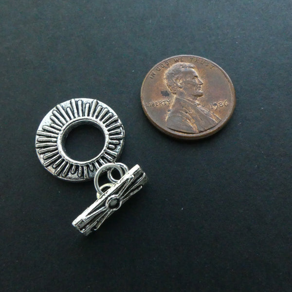 Clasp, Silver Tone Toggle, Sunburst Pattern on Ring 17mm Diameter, Sold Individually