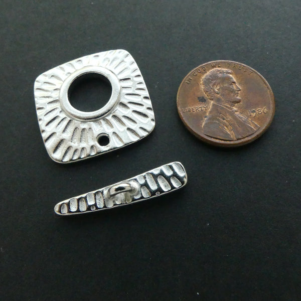 Clasp, Silver Plated Toggle, Textured Square with Bar, Sold as a Set
