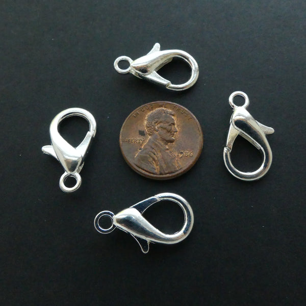 Clasp, Silver Plated Lobster, Large without Rings, 20mm, Set of 4
