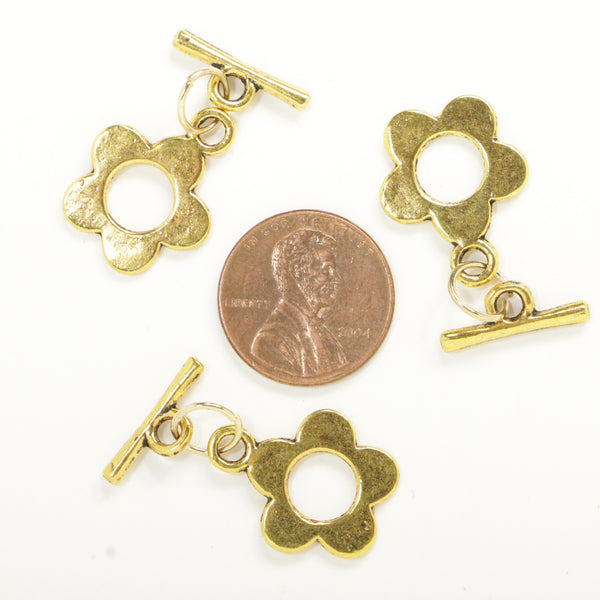 Clasp, Toggle, Cast Brass Gold Tone, Flower Design, Ring 15mm Diameter, Sold in Sets of 3