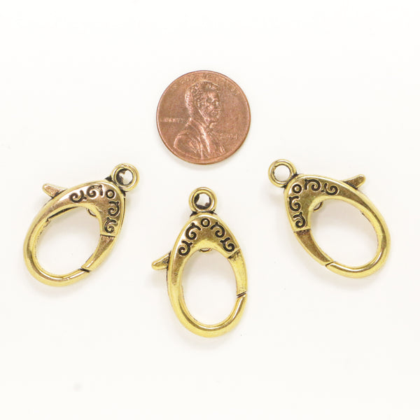 Lobster Claw Clasp, Extra Large Brass with Decor, 30mm Long with Loop, Sold in Set of 3