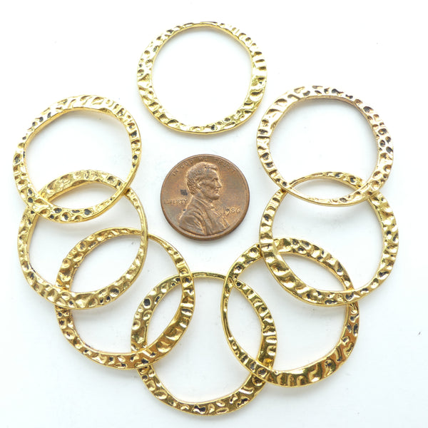 Cast, Hammered Look Gold Tone Rings, 30mm Diameter, Sold in Sets of 8