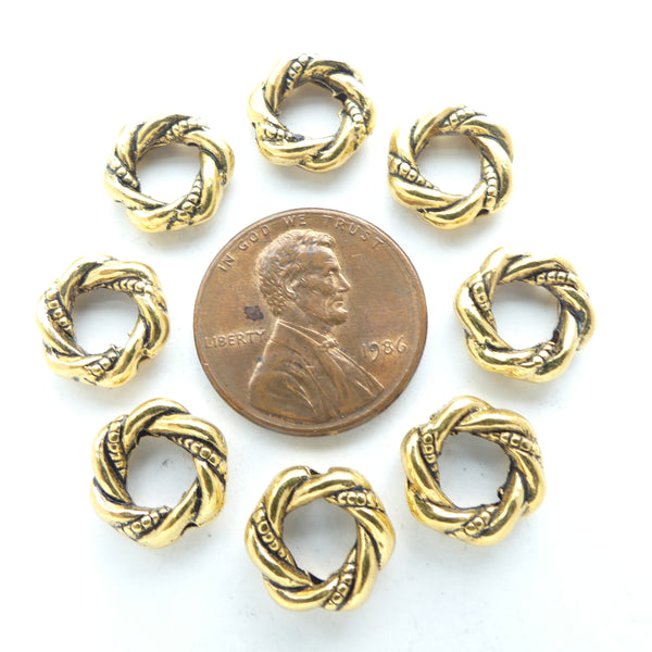 Rings, Gold Tone, Twisted Wire Look with Vertical Holes, 12mm Diameter, Sold in Sets of 8