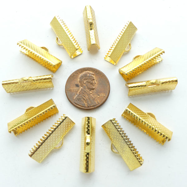 Ribbon End Crimps, Gold Tone 20mm Long, Set of 12