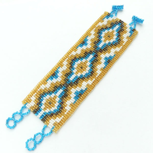 Wide Bead-Woven Bracelet, Light & Dark Gold with White and Aqua Seed Beads, 2 inches wide