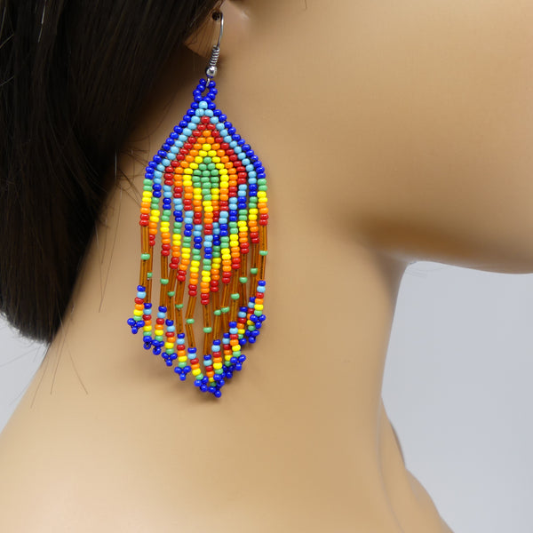 Large Triangle Fringe Earrings, Orange and Silver Seed Beads, 4 inches long with earwires