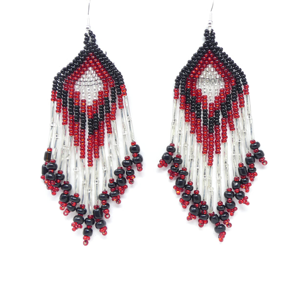 Large Triangle Fringe Earrings, Red, Black & Silver Seed Beads, 4 inches long including wires