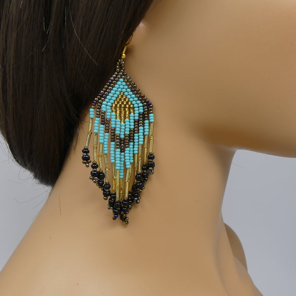 Large Triangle Fringe Earrings, Black with Light & Dark Gold Seed Beads, 4 inches long