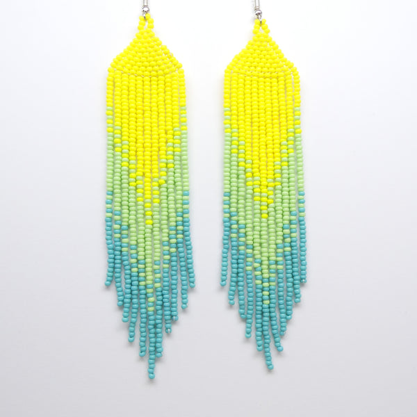 Extra Long Fringe Earrings, Yellow, Spring Green & Turquoise, 5 inches long
