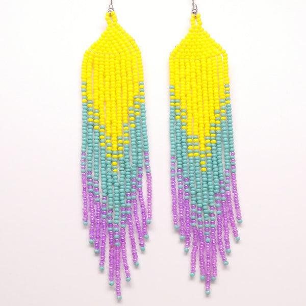 Extra Long Fringe Earrings, Yellow, Turquoise & Pink Lined, 5 inches long