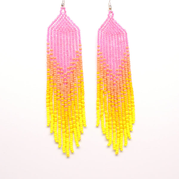 Extra Long Fringe Earrings, Hot Pink Flowing into Yellow, 5 inches long