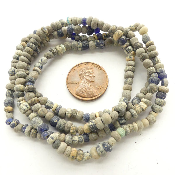 Ancient, Indo-Pacific Beads from North Africa, Grey Coated 2-4mm on 26-inch Strand