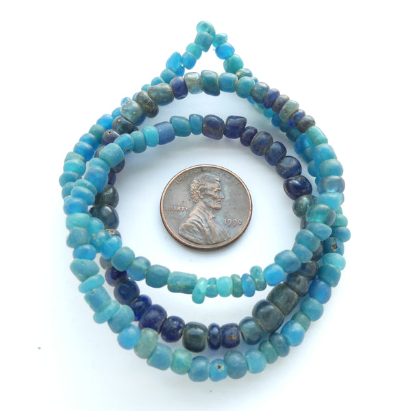 Ancient, Indo-Pacific Beads From North Africa, Clean Aqua & Blue, 3-6mm on 18-inch Strand