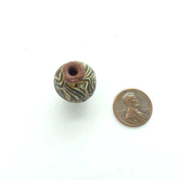 Ancient Folded Bead, Round Black & White with Red Collar, Islamic Period, 22x18mm