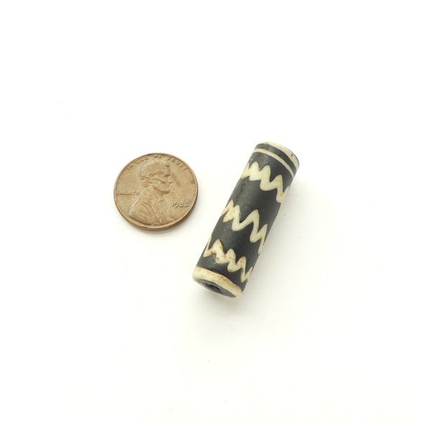 Ancient Islamic Glass Bead, Black with Wavy White Lines, 34x11mm