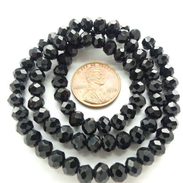 Faceted Glass, "Dragon Crystal" 4x6mm Black Opaque on 16-inch Strands