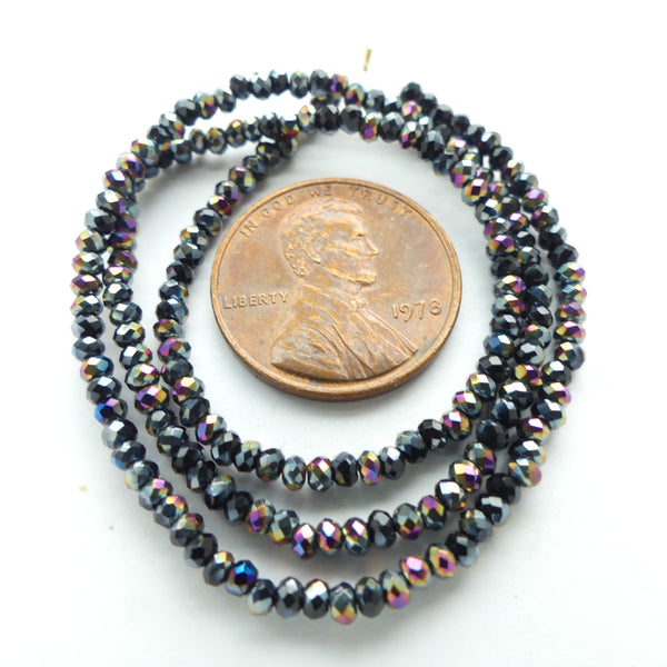 Faceted Glass, "Dragon Crystal" 1x2mm Black AB on 12-inch Strands