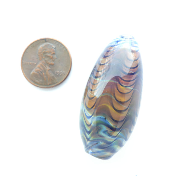 Tom Boylan Bead, Long Oval with Translucent Feathered Waves in Blue & Amber, 40x18mm