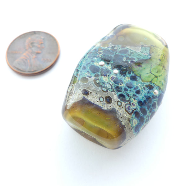 Large Tabular Bead, Mossy Olive and Turquoise with Silver, Artist Unknown, 35x26x11mm