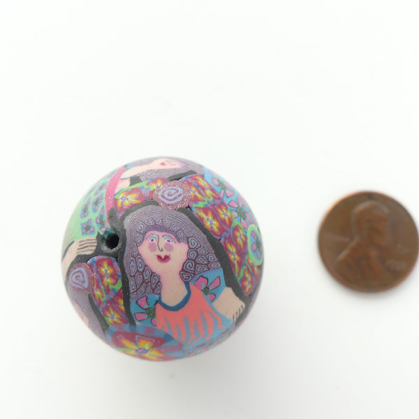 Kathleen Dustin, Large Round Bead with Multiple Faces & Fields of Flowers, 30mm Diameter