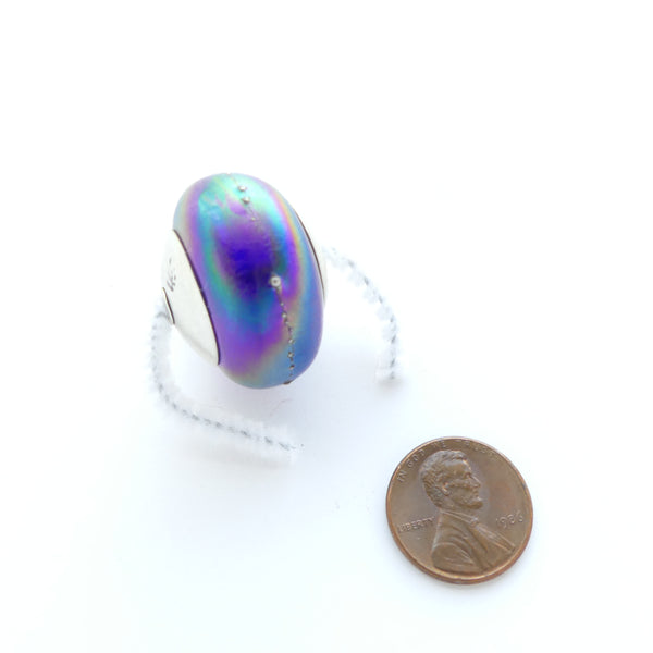 Fumed Bead, Capped with Silver, Mostly TQ, Blue, Violet Colors with Dots of Silver, 22x29mm