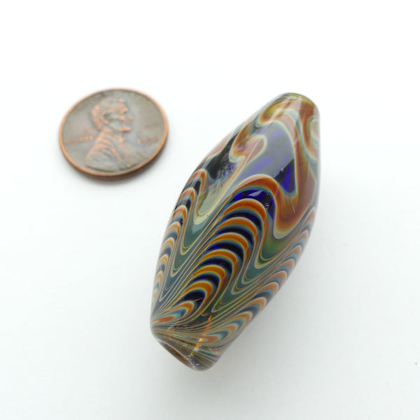 Tom Boylan Bead, Early Abstract Feathered Design, Rich Sea & Sand Colors, 40x18mm