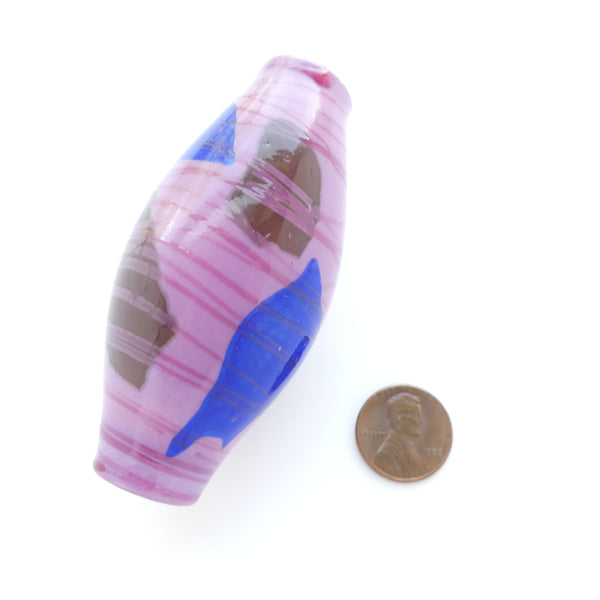 Doni Hatz? Extra Large Hollow Oval Bead, Pink with Blue and Chocolate, 3.35x1.5 inches