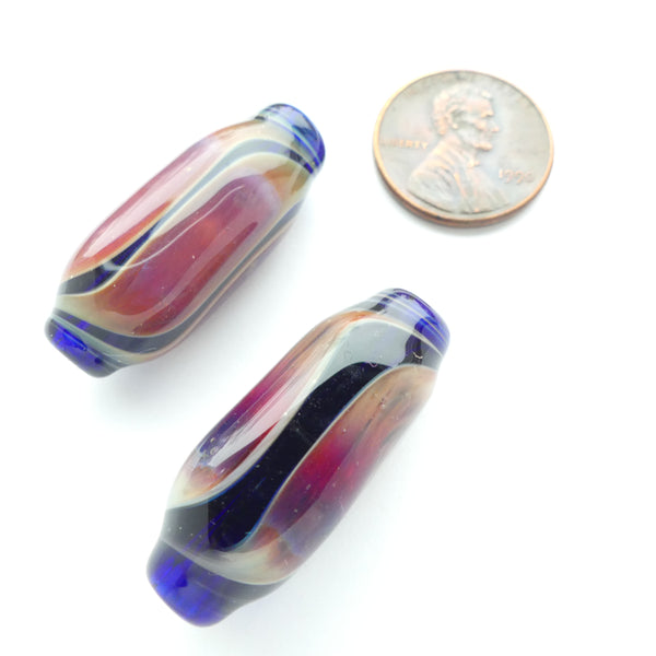 Tom Boylan Beads, Red Sunrise Colors with Black, 31x12mm, Sold as a Set of 2