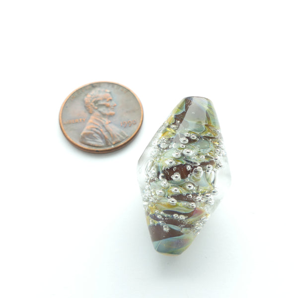 Bicone, Art Glass Bead 29x15mm Subtle Colors & Silver Bubbles Cased in Crystal