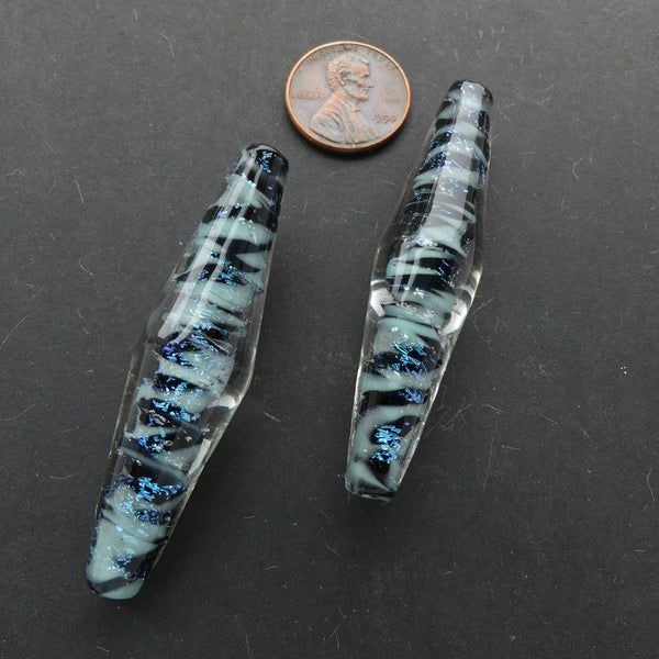 Bicones, Long and Spiraling in Blue, Aqua & Crystal, 58mm Long by 14mm, Sold Individually