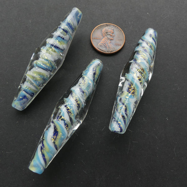 Bicones, Long & Elegant with Light & Dark Blues & Metallic Accents, 48x15mm, Sold Individually