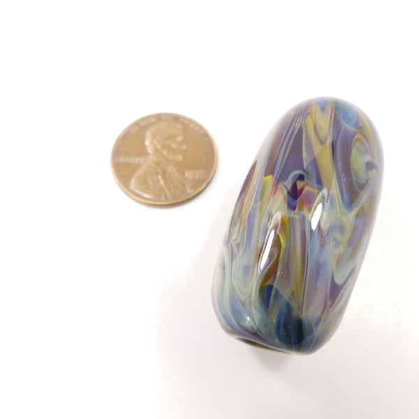 Subtle Borosilicate Bead by Jack Morris, Large Oval with Large Hole, Blues & Brown, 39x21mm
