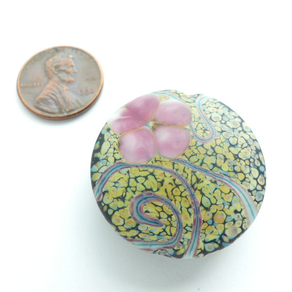 Large Lentil Shape Art Glass Bead with Pink Flower, Matte Finish, 32mm Diameter