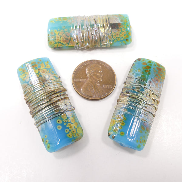 Rectangles, Slightly Domed, Turquoise & Earthtones with Metallic Threads, 40x16x6mm, Sold Individually