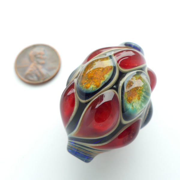 Tom Boylan Bead, Large Oval with Red & Amber/Blue Eyes, 38x28mm