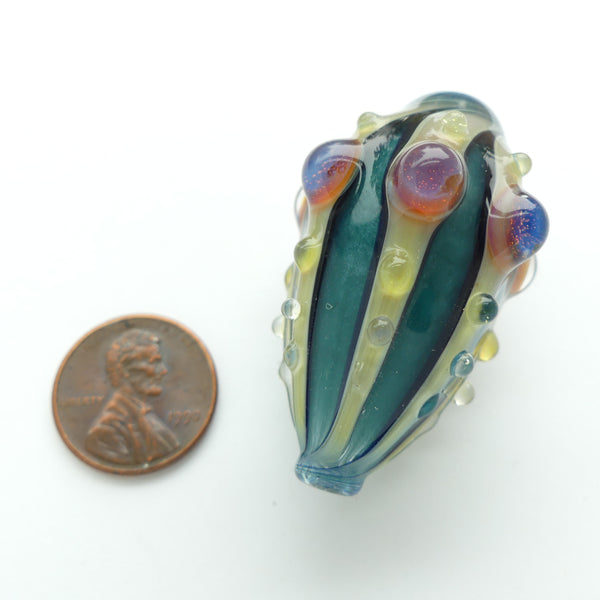 Tom Boylan Bead, Large Blossom Shape, 44x28mm, Teal with Subtle Red and Taupe