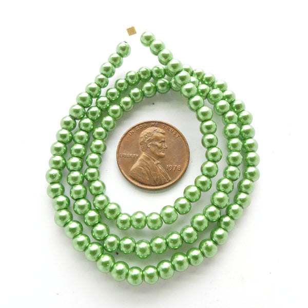 Glass Pearls, Round Medium Green Luster, 4mm on 16-inch Strands