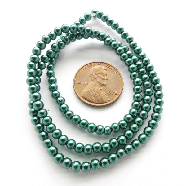 Glass Pearls, Round Green Luster, 3mm on 16-inch Strands