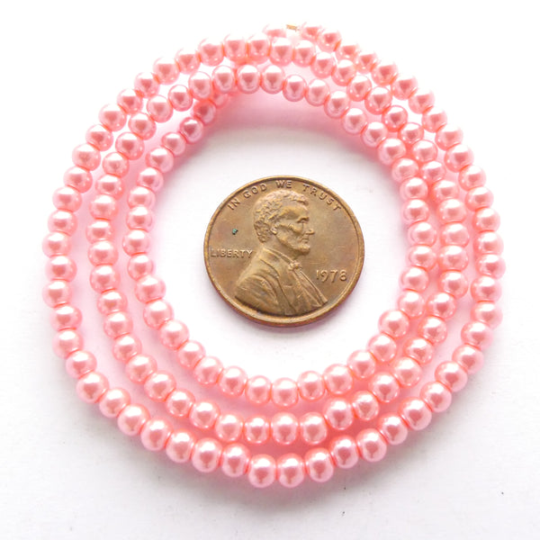 Glass Pearls, Round Bright Pink Luster, 3mm on 16-inch Strands