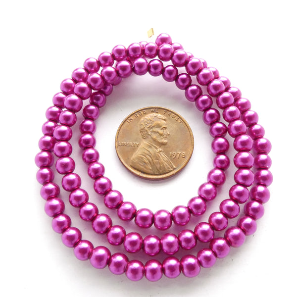 Glass Pearls, Round Fuchsia Luster, 4mm on 16-inch Strands