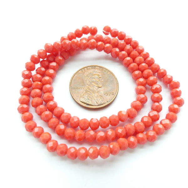 Faceted Glass, "Dragon Crystal" 2x3mm, Opaque Red-Orange on 16-inch Strands
