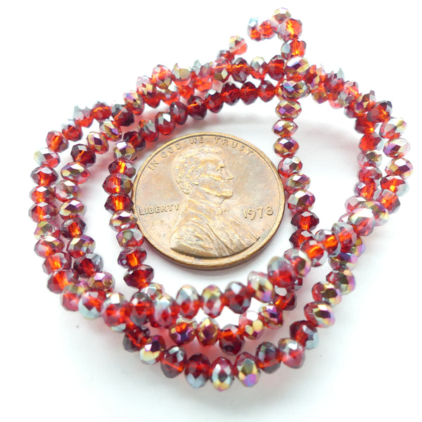 Faceted Glass, "Dragon Crystal" 2x3mm, Red-Orange AB on 15-inch Strands